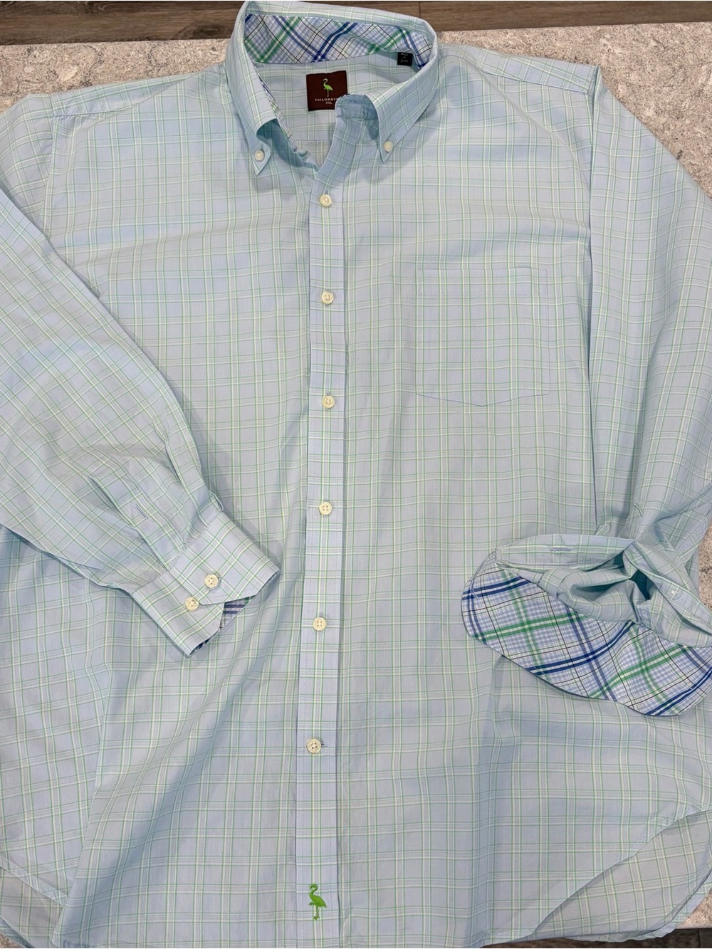 Tailorbyrd Light Blue Plaid Button-Down Shirt with Green Accent-XXL
